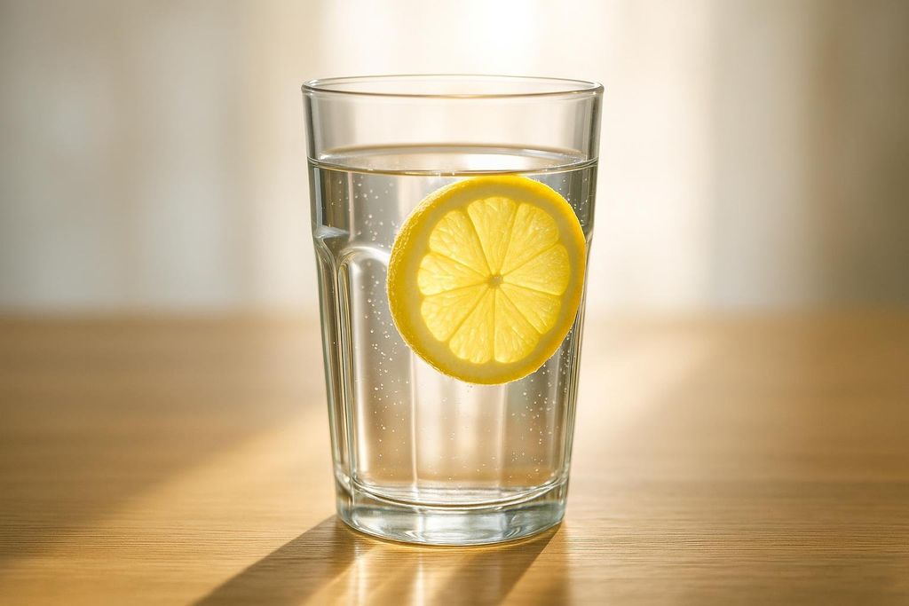 A clear glass filled with water and containing a bright yellow lemon slice, illuminated by natural light, casting a shadow on a light wooden table.