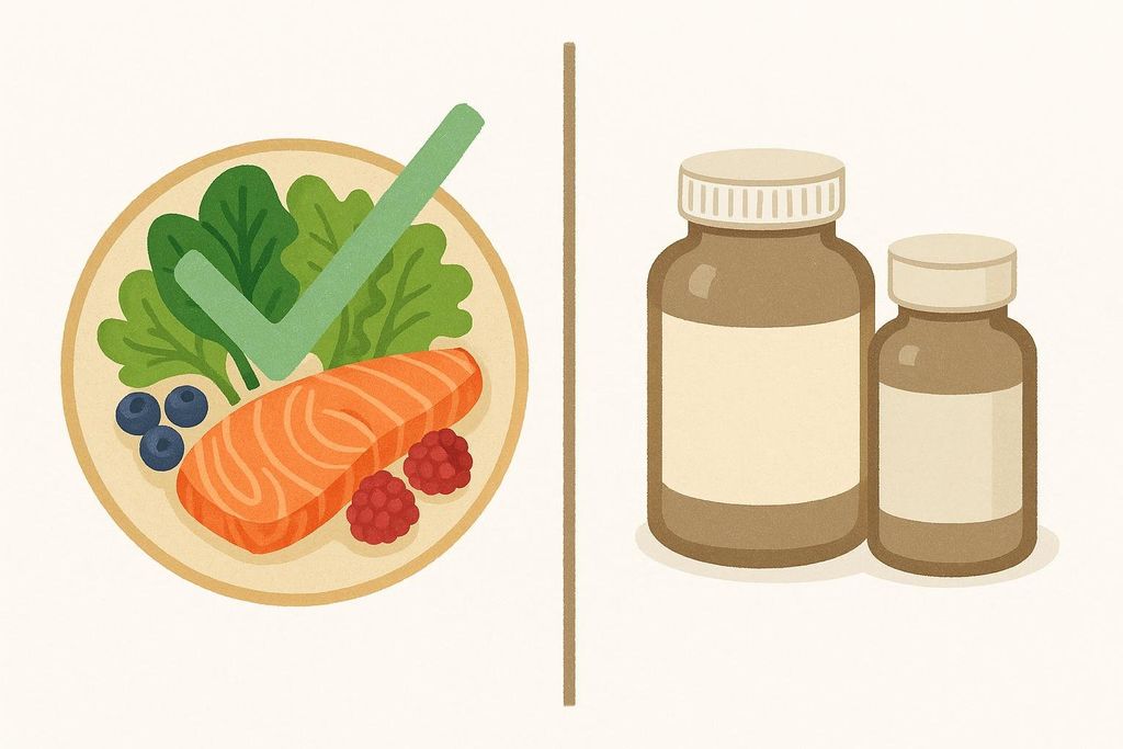 An illustration comparing a plate of healthy whole foods (salmon, spinach, blueberries, raspberries) with a green checkmark over it, to two brown supplement bottles, emphasizing that nutrition from whole foods comes first.