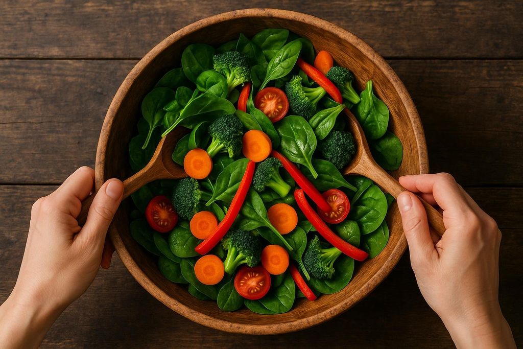 Hands tossing a vibrant, fiber-rich salad in a wooden bowl