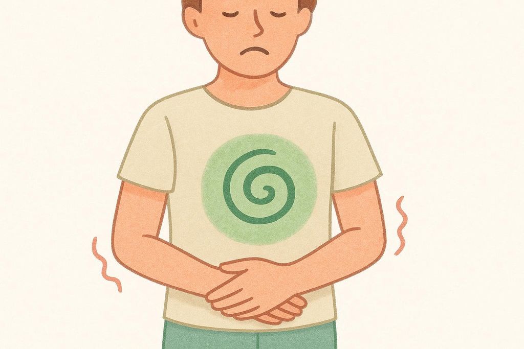An illustration of a person with a sad expression, holding their stomach, and wavy lines coming from their sides and stomach area, indicating nausea or discomfort. A green spiral symbol on their chest further emphasizes the sensation of queasiness or a churning stomach, representing common GI side effects.