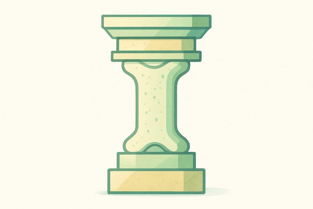 An abstract illustration of a pillar with a bone-like shape in the center, rendered in muted green and yellow tones, against a light off-white background. The top and bottom sections are rectangular, while the middle section resembles an hour-glass shaped bone.