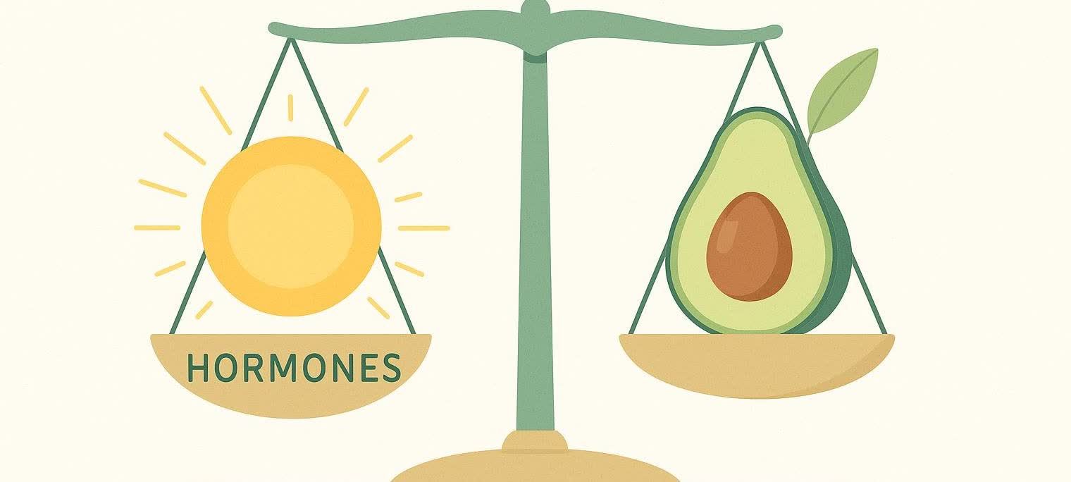 An illustration of a balance scale with a yellow sun radiating rays on the left pan, labeled 'HORMONES', and a halved avocado with a leaf on the right pan.