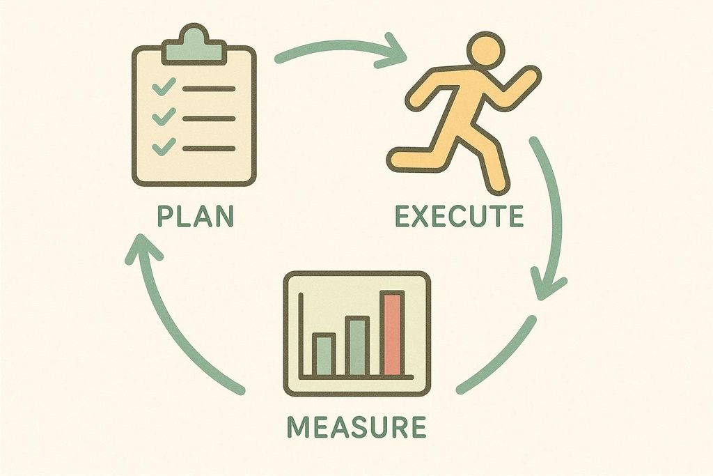 An illustration of the 'Plan, Execute, Measure' cycle. A clipboard with checkboxes represents 'Plan', a running person represents 'Execute', and a bar chart represents 'Measure'. Green arrows connect the steps in a circular flow.