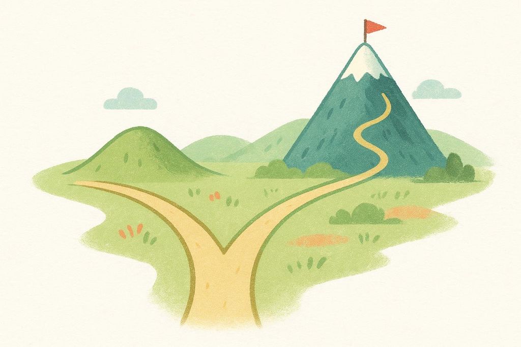 An illustration of a diverging road in a green landscape. One path leads to a small, green hill, while the other winds up a tall, snow-capped mountain topped with a red flag, symbolizing a choice between a realistic and an ambitious goal.