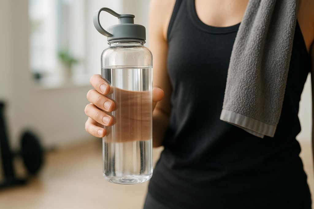 A person, seen from the chest down, holding a reusable clear water bottle filled with water. They are wearing a black tank top, and a grey towel is draped over their shoulder.