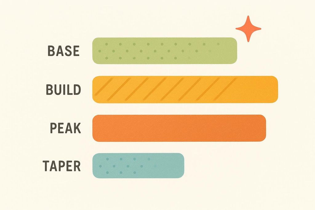 Illustration of Ironman training phases: Base, Build, Peak, and Taper. Each phase is represented by a colored bar, indicating varying intensity or duration with visual textures and a star near the peak bar.