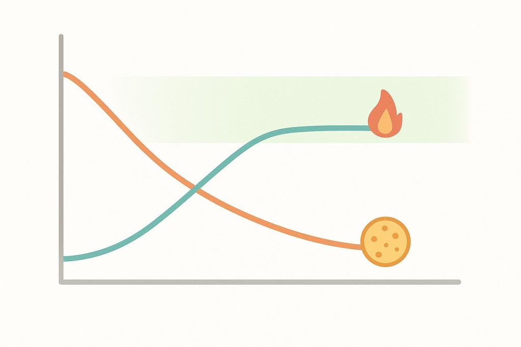 A line graph illustrating the journey to ketosis, showing fat mass (represented by a cookie-like circle) decreasing over time while ketone levels (represented by a flame) rise and stabilize in the optimal zone, indicated by a green shaded background.