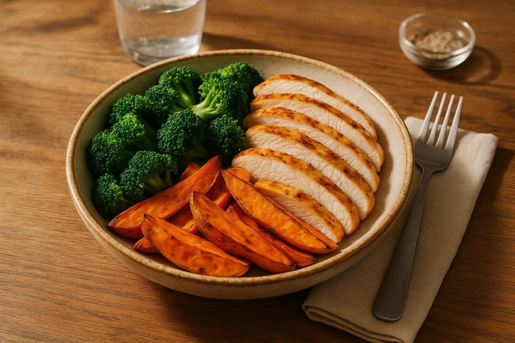 A healthy and balanced meal with grilled chicken breast slices, roasted sweet potato wedges, and steamed broccoli florets in a bowl on a wooden table.