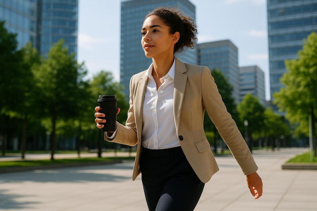 A professional person in a blazer walks through a city park on a sunny day, holding a reusable coffee cup.