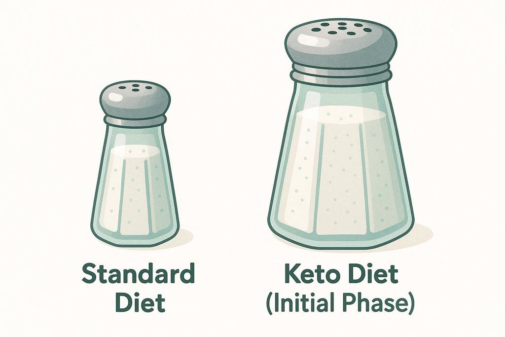 An illustration comparing a small salt shaker labeled 'Standard Diet' to a larger salt shaker labeled 'Keto Diet (Initial Phase)', visually representing the increased sodium need for a keto diet.