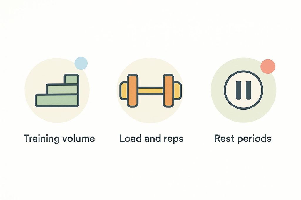 Three circular icons with descriptions: 'Training volume' represented by ascending steps, 'Load and reps' by a dumbbell, and 'Rest periods' by a pause symbol. These icons represent key parameters for resistance training.