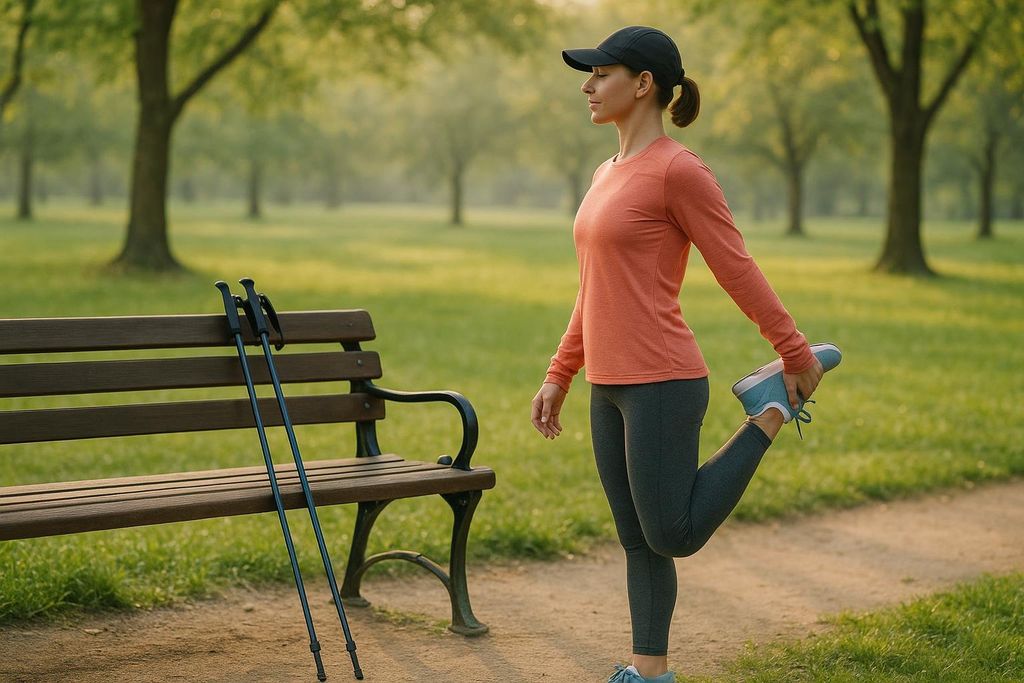 A woman in athletic wear and a baseball cap stretches her quadricep in a park, with Nordic walking poles leaning against a bench nearby. The background shows green grass and trees in soft focus.