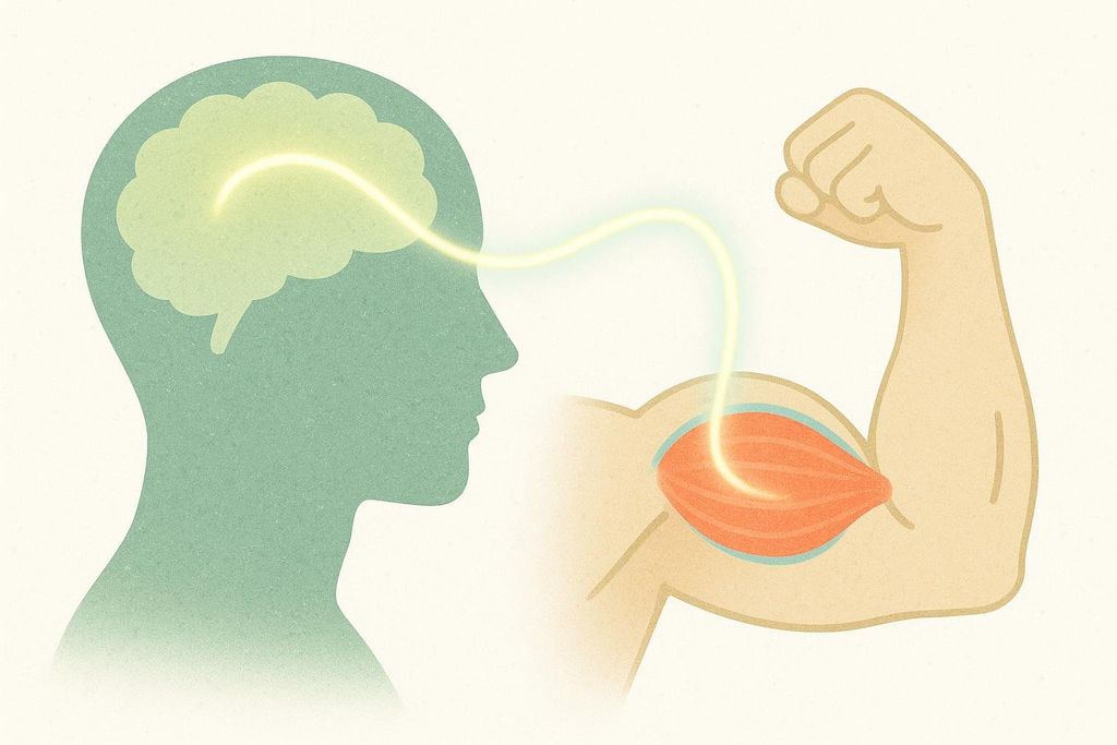 A stylized drawing of a head silhouette with a glowing brain connected by a shimmering line to a flexed bicep muscle.
