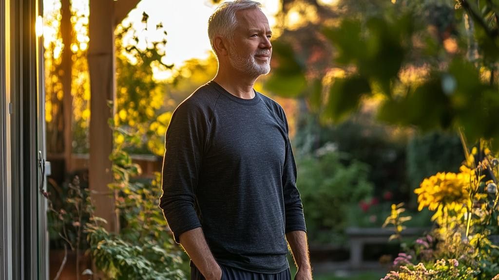 A middle-aged man with gray hair and a beard stands in a garden at sunset, looking off to the side, bathed in warm light.