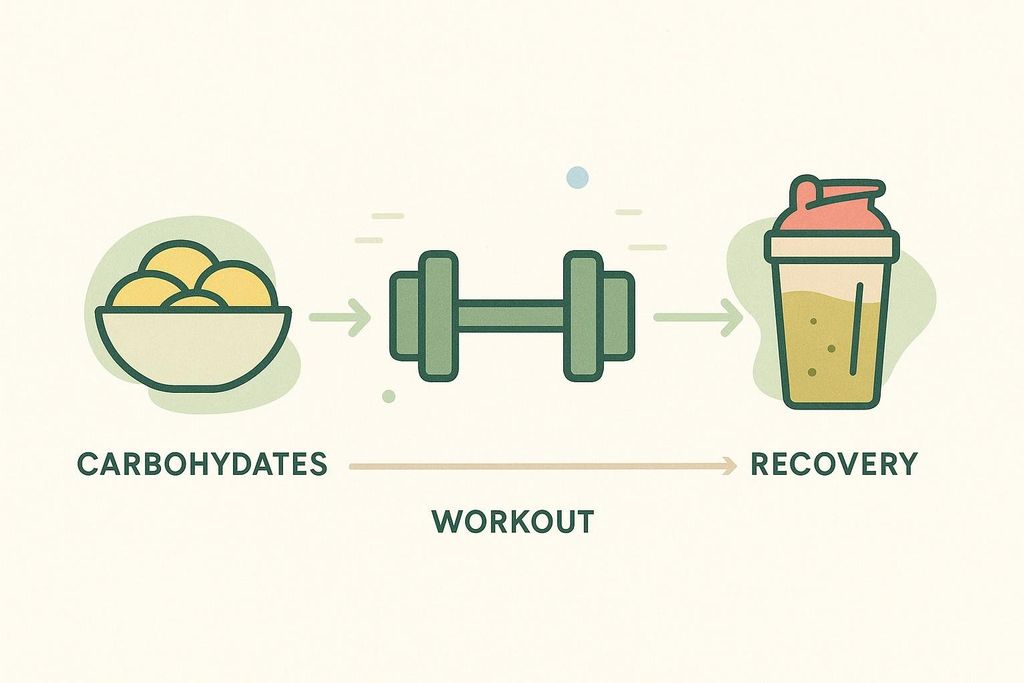 An abstract timeline showing a bowl of carbohydrates, a dumbbell representing a workout, and a shaker bottle representing recovery. Below, the words 'CARBOHYDRATES' and 'RECOVERY' illustrate the process of nutrient timing before and after a workout, with 'WORKOUT' positioned between them.