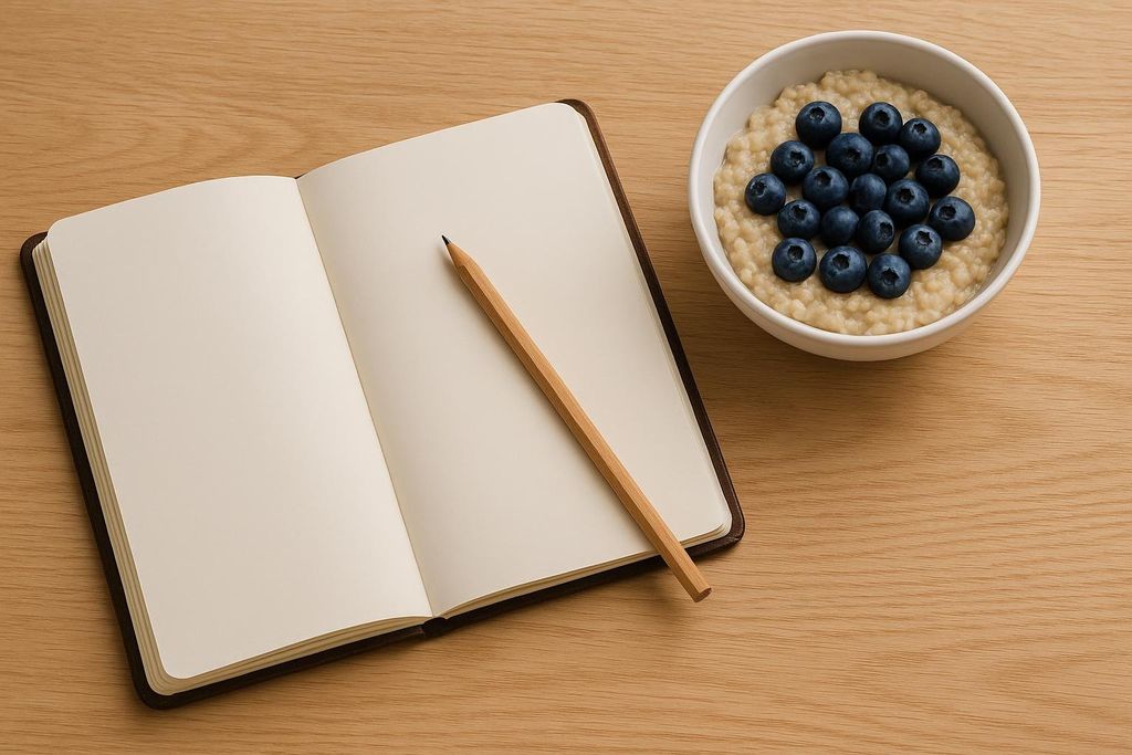 A blank open notebook and a wooden pencil rest beside a white bowl of oatmeal topped with fresh blueberries, all on a light wooden table. This scene suggests dietary tracking or healthy breakfast.