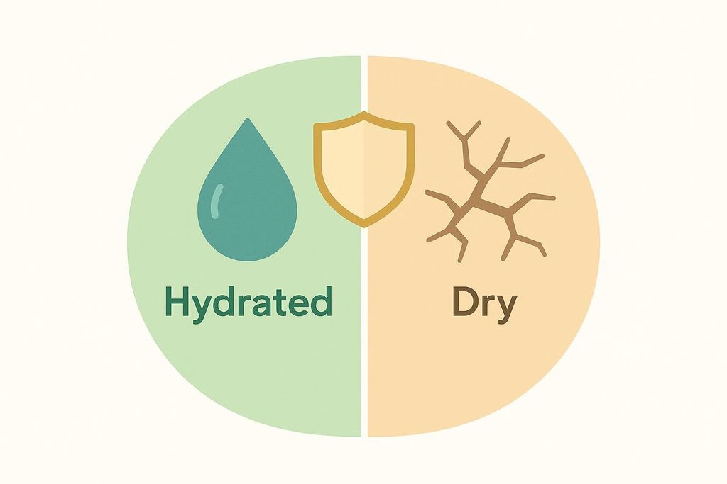 Comparison diagram showing a hydrated water drop and a cracked dry surface