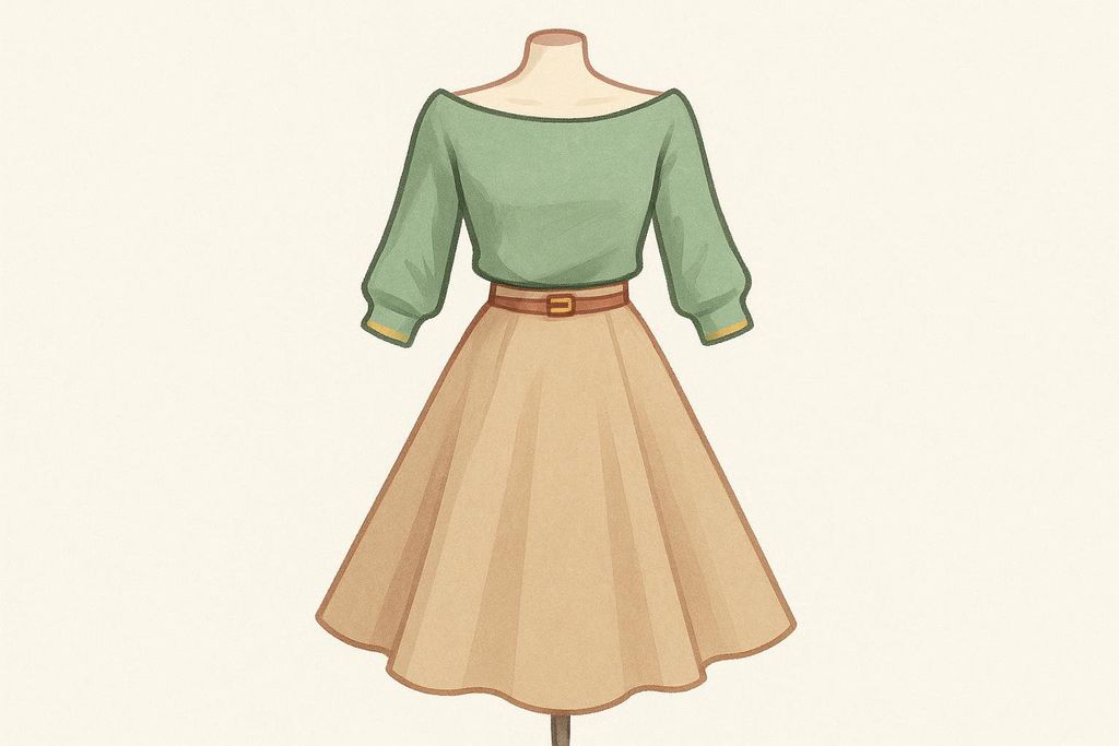 Illustration showing fashion balance with an A-line skirt and a wide neckline top