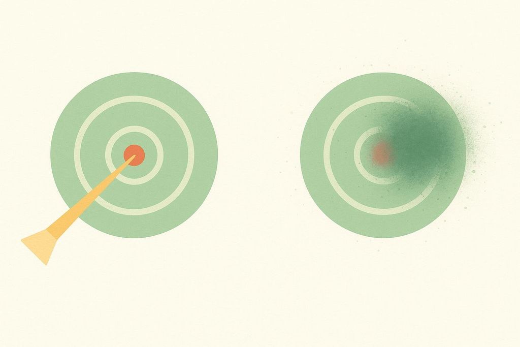 An abstract illustration comparing the accuracy of a focused beam hitting a target center versus a scattered spray hitting a wider area.