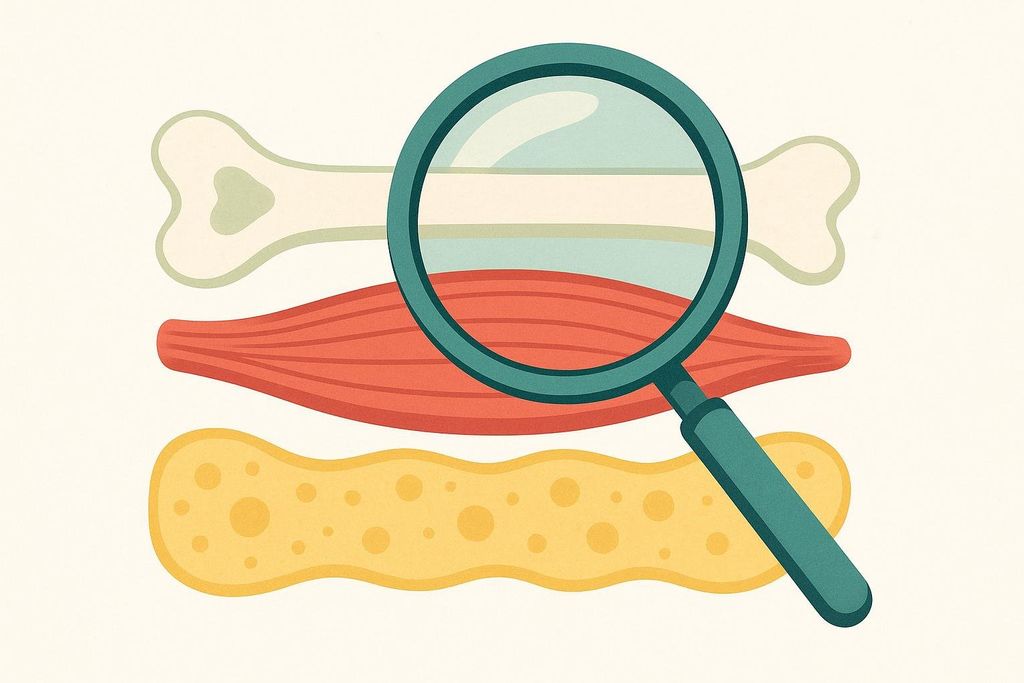 An illustration showing three layers: a bone at the top, muscle in the middle, and fat at the bottom. A magnifying glass rests over the center of these layers, highlighting the details of each. The background is a light, neutral color.