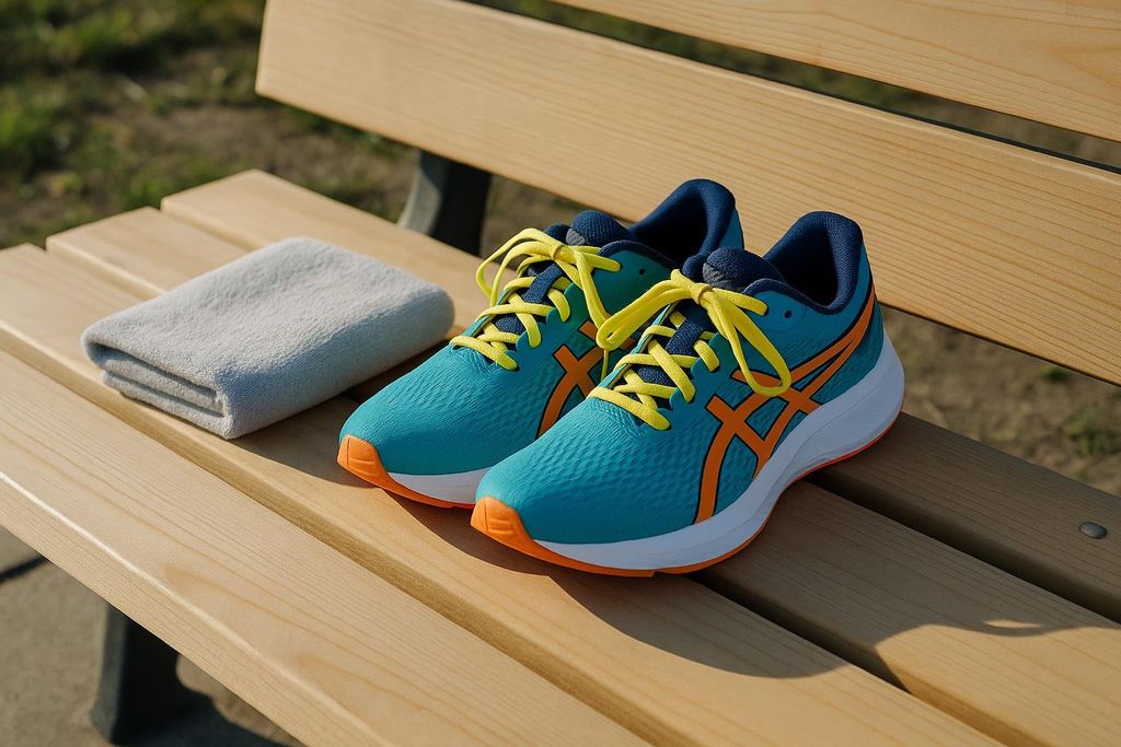 A pair of vibrant blue running shoes with orange accents and yellow laces, next to a folded grey towel, resting on a light wooden park bench in bright sunlight.