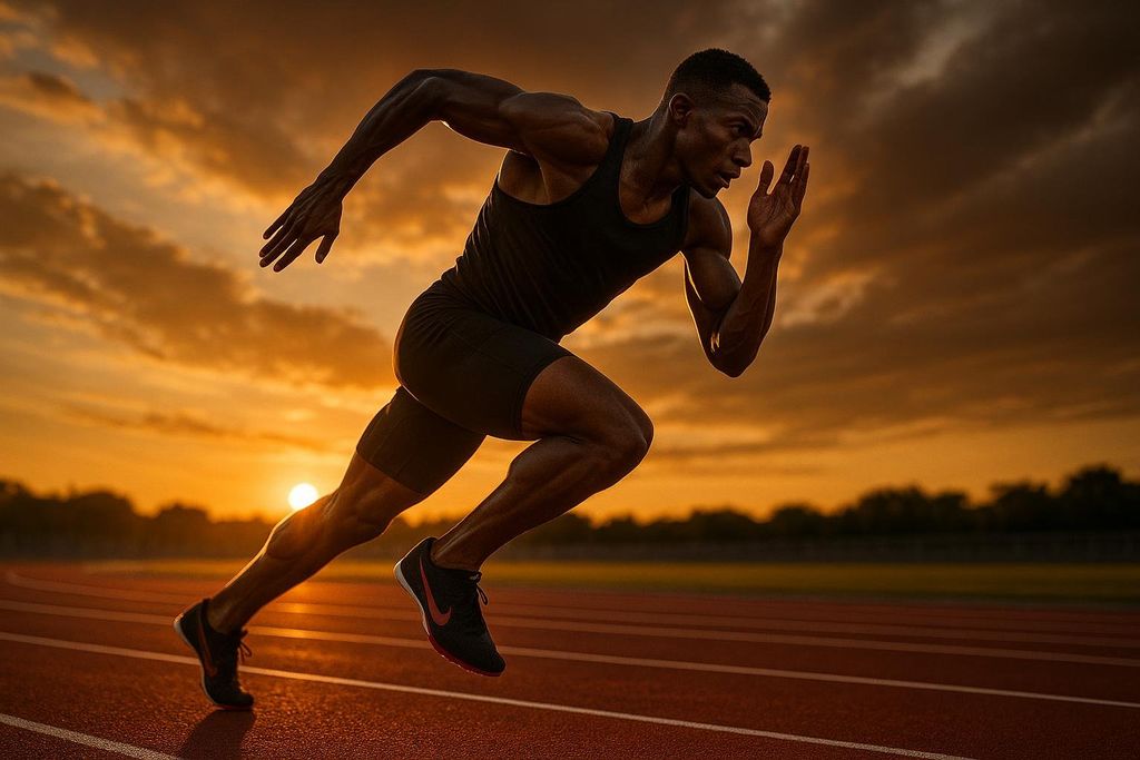 A male runner is captured mid-stride on a track during a sunset workout. The warm light of the setting sun illuminates the scene, casting a golden glow on the athlete as he moves with power and determination.
