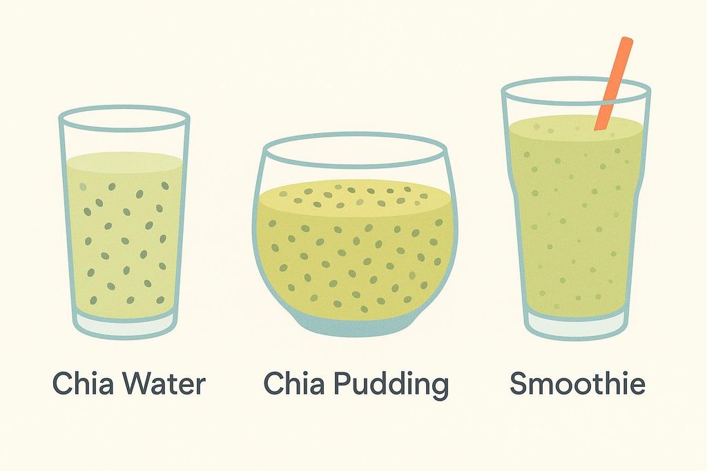 Illustration comparing three chia seed preparations: chia water in a tall glass, chia pudding in a rounded bowl, and a smoothie with a straw in a tall glass. All are light green with darker green specks representing chia seeds.