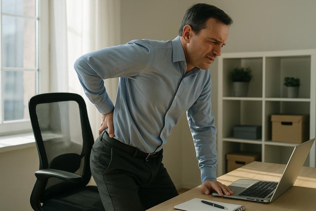 A man in a light blue shirt grimaces in pain while holding his lower back with his right hand, having just stood up from a desk chair next to a laptop.
