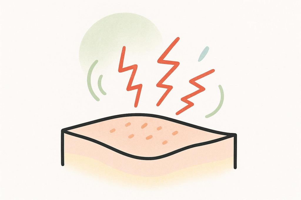 An abstract illustration depicting inflamed or irritated skin. Red lightning bolt shapes hover above a patch of skin that has small, darker spots, indicating a reaction or rash, with green curved lines suggesting movement or a sensation.