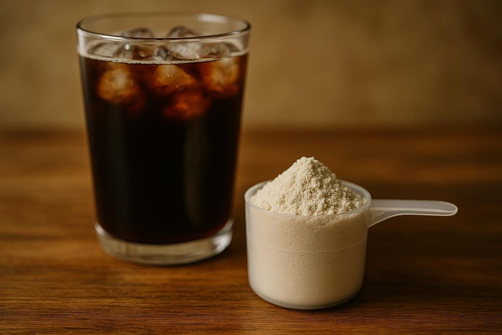 A scoop of protein powder resting next to a glass of cold brew coffee