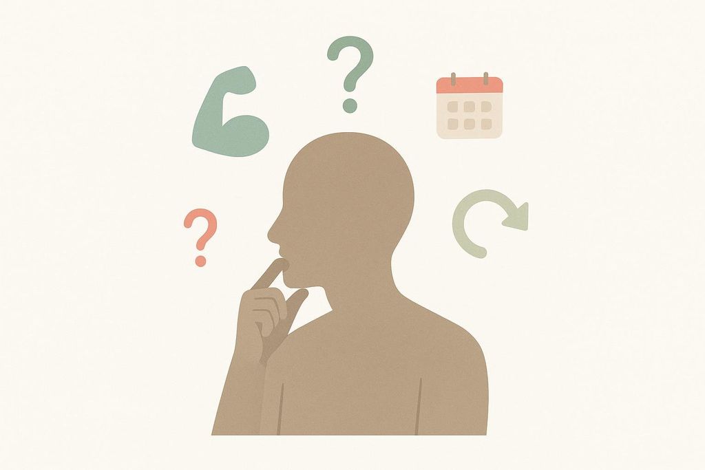 An illustration of a person shown in profile, thinking with their finger to their chin. Around their head are icons representing considerations: a flexing bicep for muscle pain, a calendar for symptom duration, a question mark, and a circular arrow for recurring or restricted motion.