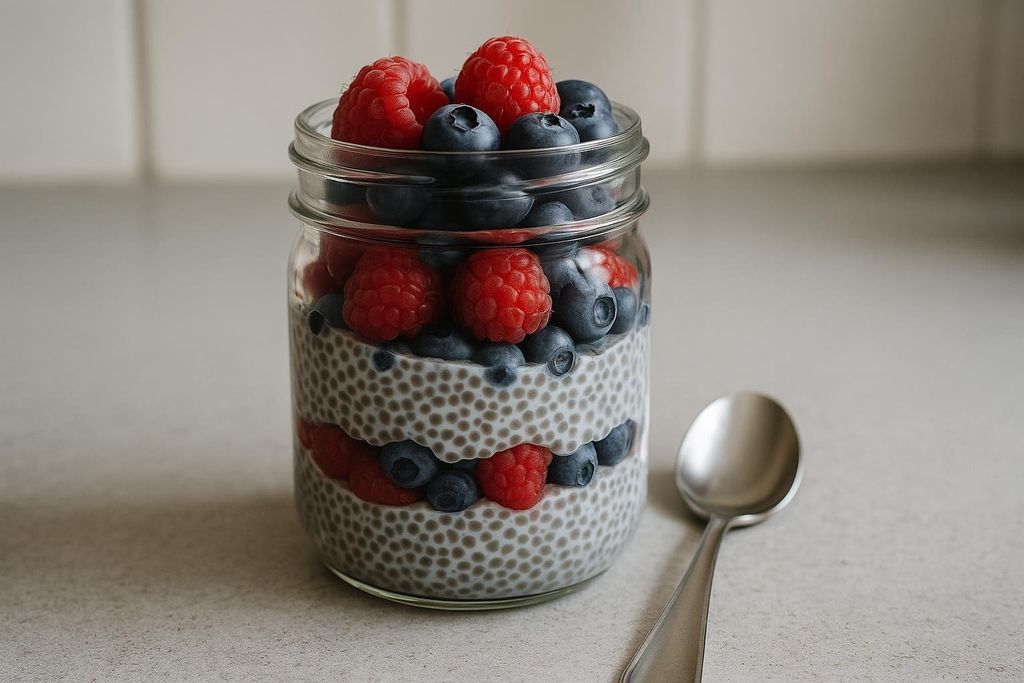 A close-up of a glass mason jar filled with layered chia seed pudding, raspberries, and blueberries. A silver spoon rests beside it on a light-colored countertop.