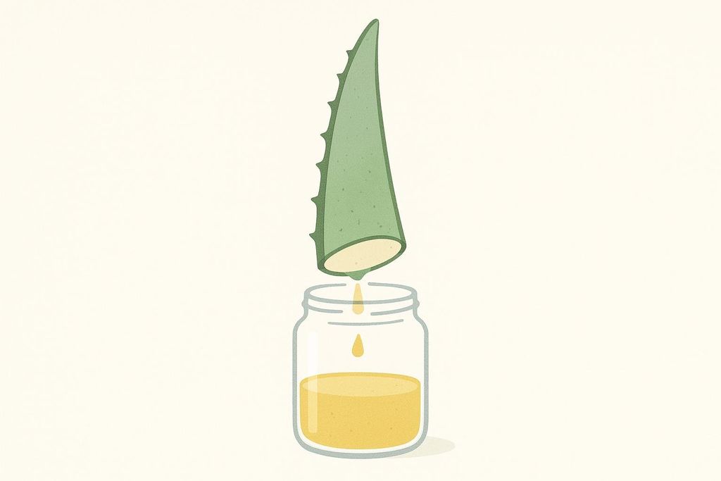 An illustration of an aloe vera leaf with its cut end facing downwards, dripping yellow latex into a clear glass jar containing a pool of the same yellow liquid. The background is a clean, off-white color.