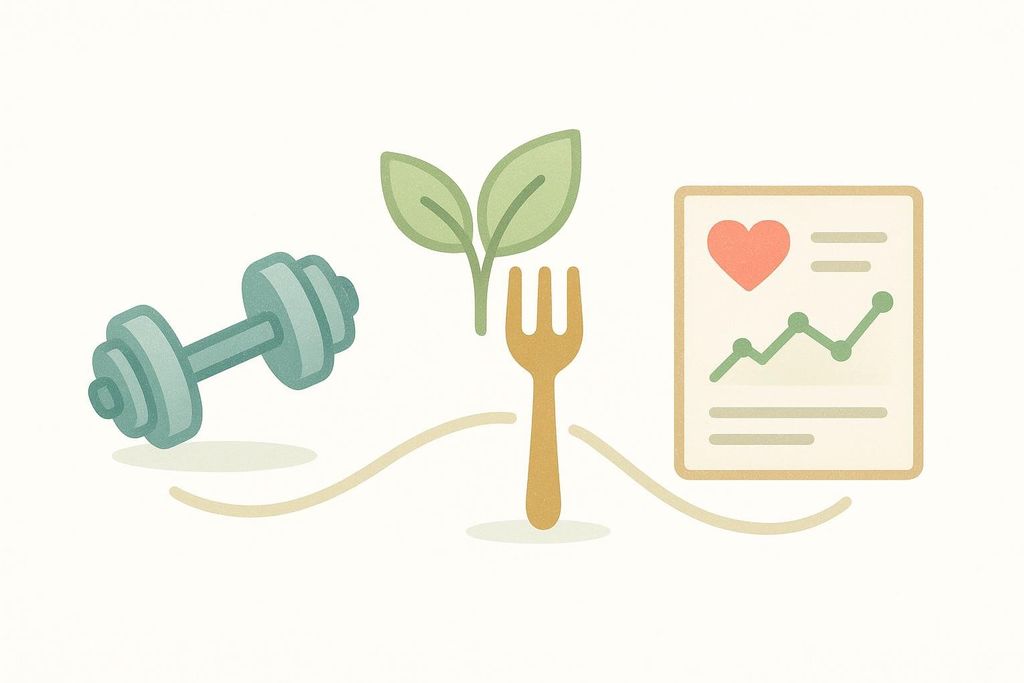 Icons for exercise, nutrition, and health monitoring linked together, illustrating key strategies for protecting bone health. The exercise icon is a dumbbell, nutrition is represented by a fork with plant sprouts, and health monitoring is a document with a heart and a growth chart.