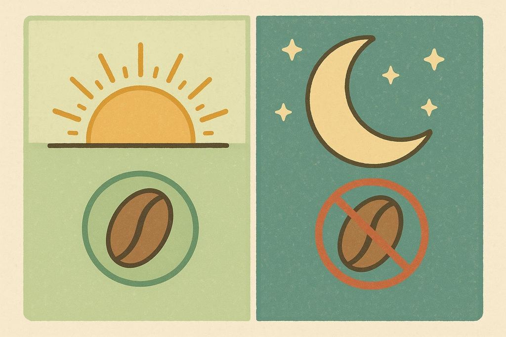 An illustration showing a sun with a coffee bean underneath it on the left, and a moon with an X-ed out coffee bean underneath it on the right, advising against evening caffeine use to protect sleep quality.
