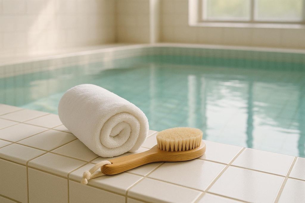 A rolled white towel and a wooden dry brush with natural bristles are resting on light-colored tile next to a calm hydrotherapy pool. The water in the pool is a light blue-green color, reflecting the light from a window in the background.