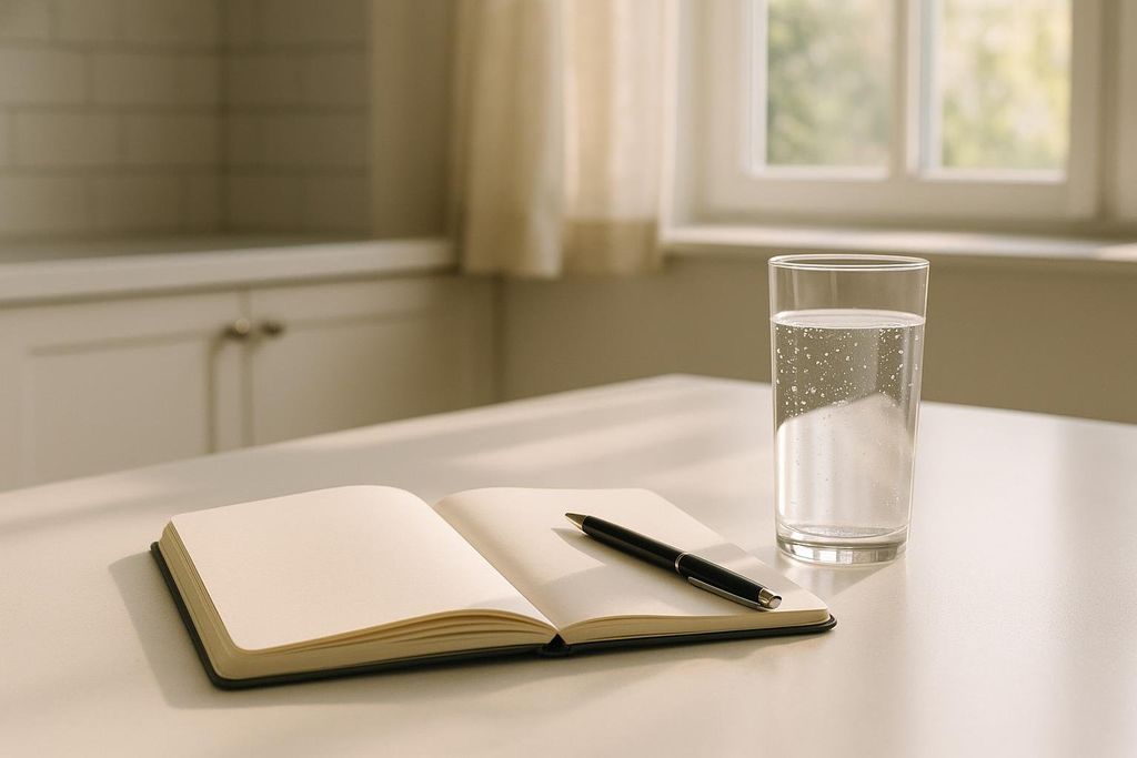 A blank, open notebook with a black pen resting on its pages, next to a clear glass of water, all on a modern kitchen counter. A window with soft light and blurred greenery is visible in the background.