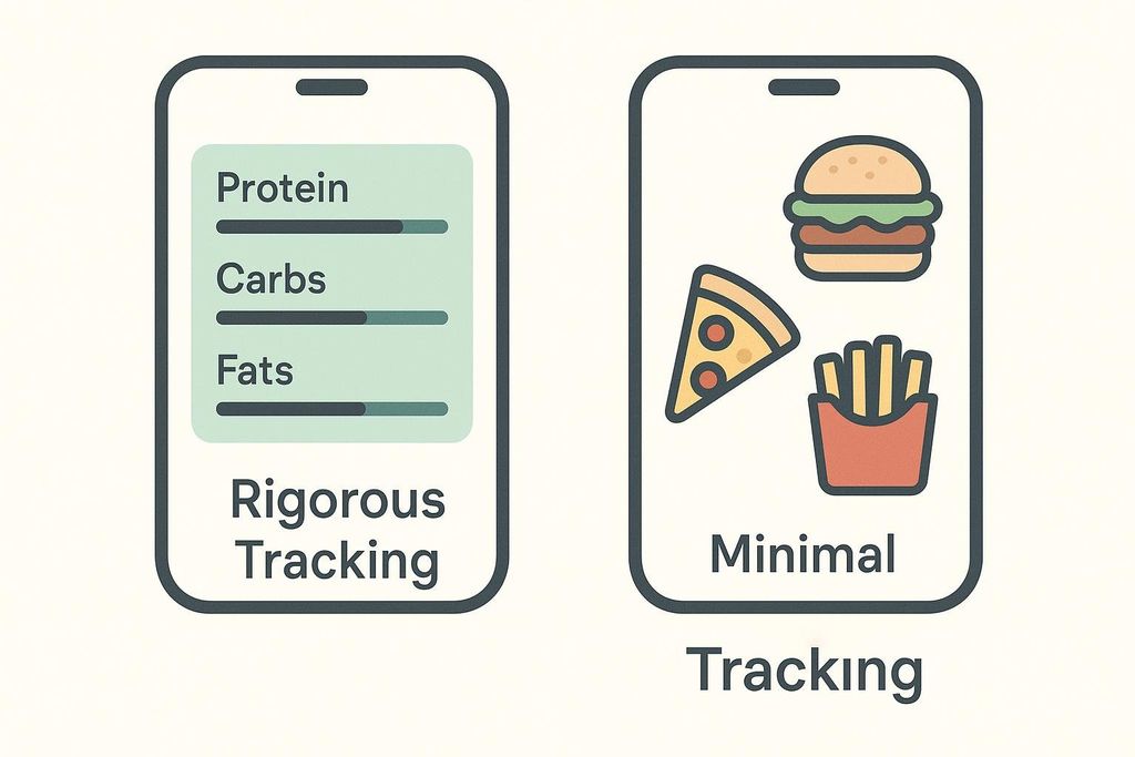 Two smartphone screens illustrate two approaches to food tracking. The left screen, labeled 'Rigorous Tracking,' shows progress bars for 'Protein,' 'Carbs,' and 'Fats.' The right screen, labeled 'Minimal Tracking,' displays icons for a hamburger, a slice of pizza, and french fries.