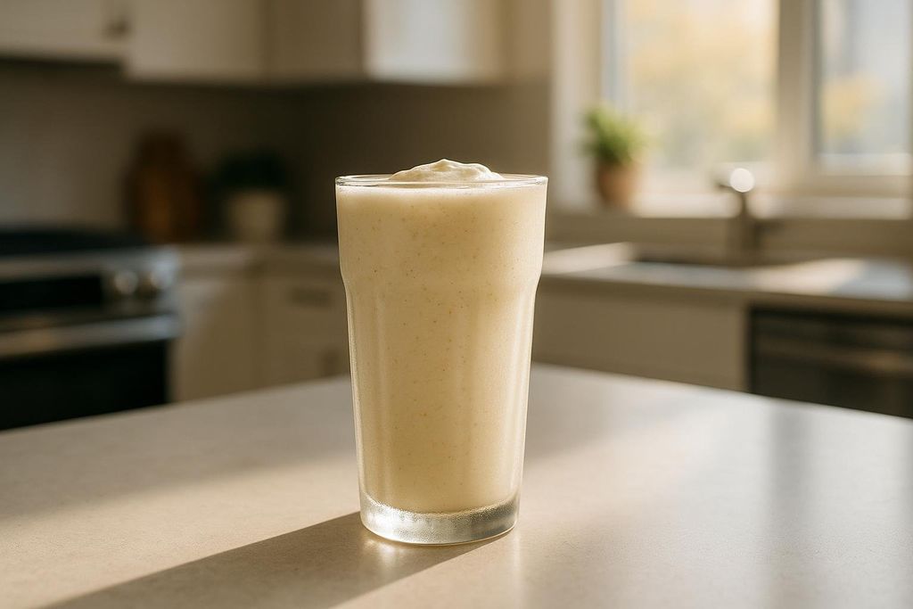 A smooth vanilla protein smoothie in a frosted glass sits on a kitchen counter in the sunlight. The kitchen background is blurred.
