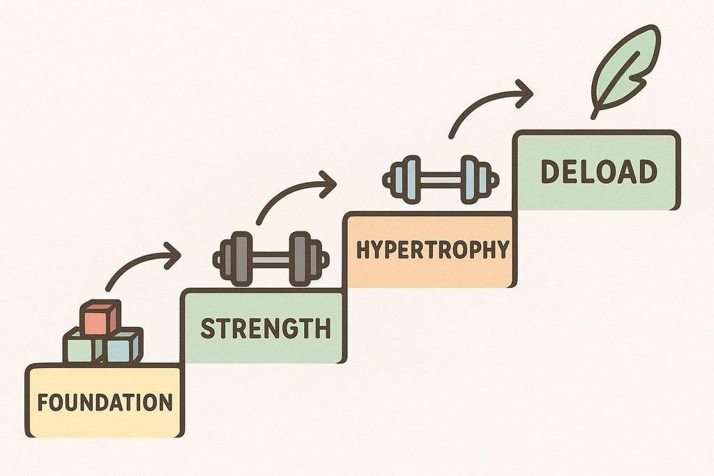 Illustration of a 4-phase periodization cycle using icons: building blocks for Foundation, heavy dumbbell for Strength, multiple dumbbells for Hypertrophy, and a feather for Deload.