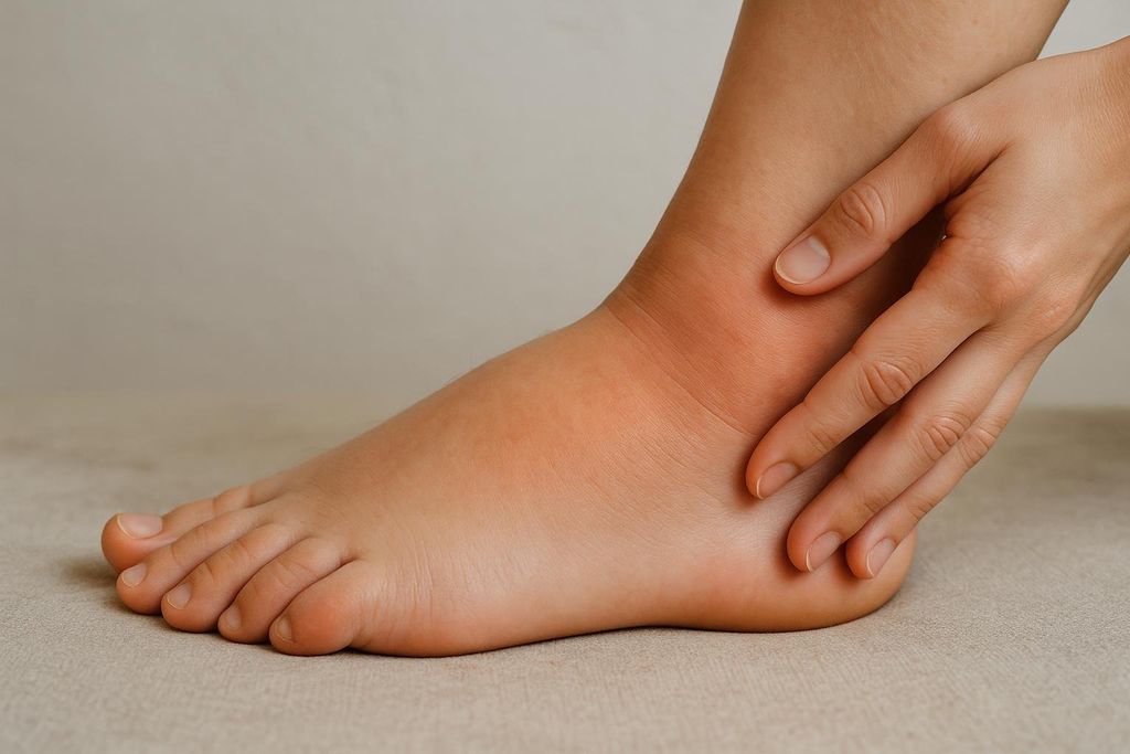 A person's hand touches a swollen and slightly reddened ankle, which appears to be a key symptom of a soft tissue injury like a sprain or inflammation.