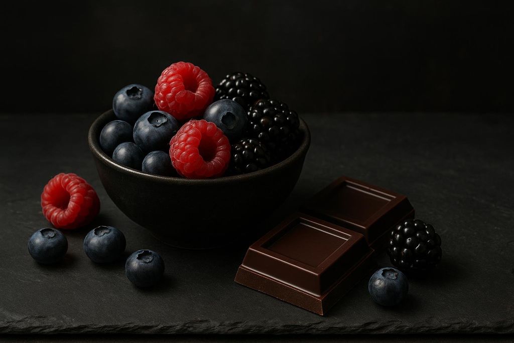 A black bowl overflowing with raspberries, blueberries, and blackberries, with two squares of dark chocolate next to it, all arranged on a dark slate surface. The image represents foods rich in polyphenols that support brain health.