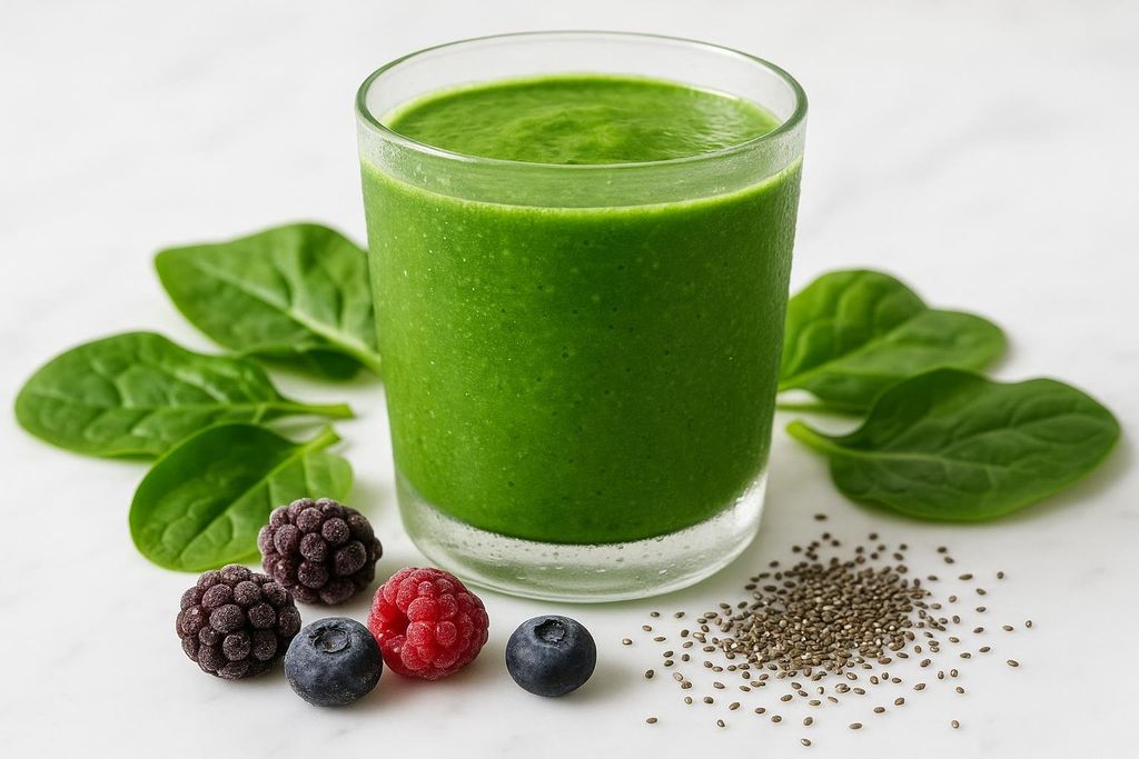 A vibrant green recovery smoothie in a glass, accompanied by fresh spinach leaves, an assortment of frozen berries (blackberries, raspberries, and blueberries), and a sprinkle of chia seeds, all on a light-colored surface.