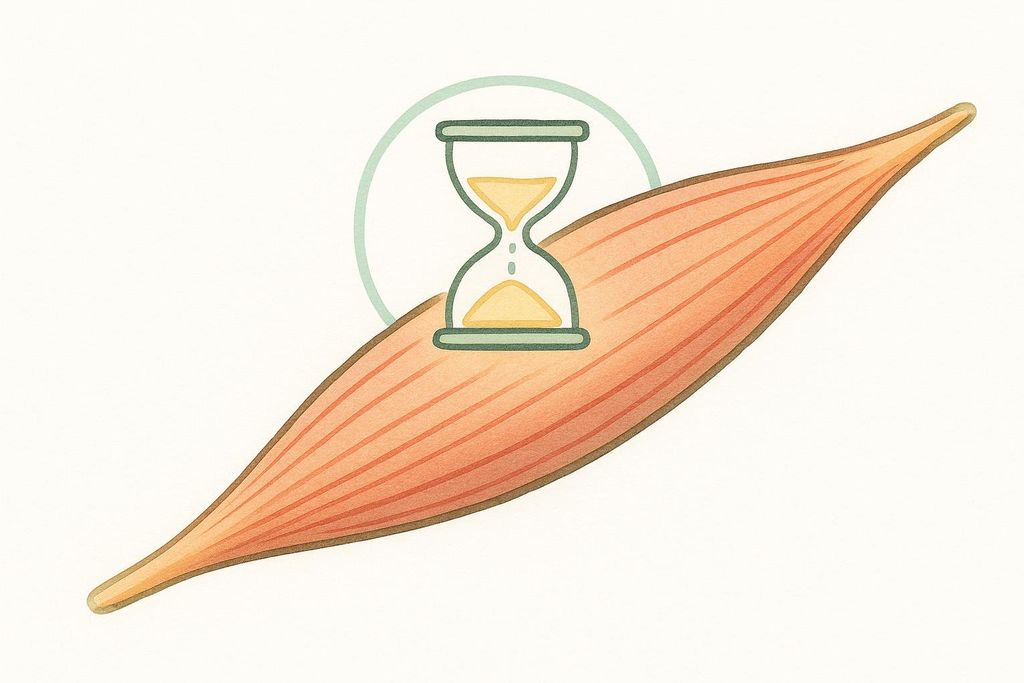 An illustration showing a muscle fiber with an hourglass on top of it, representing the concept of Time Under Tension (TUT) in fitness training.