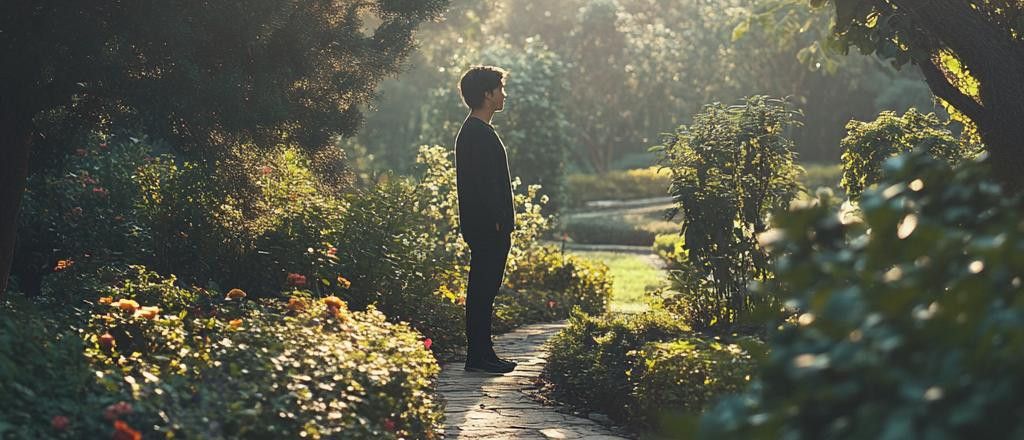 A man stands with his back to the camera in a lush garden during golden hour. The sun shines through the trees and bushes, casting long shadows on the winding stone path.
