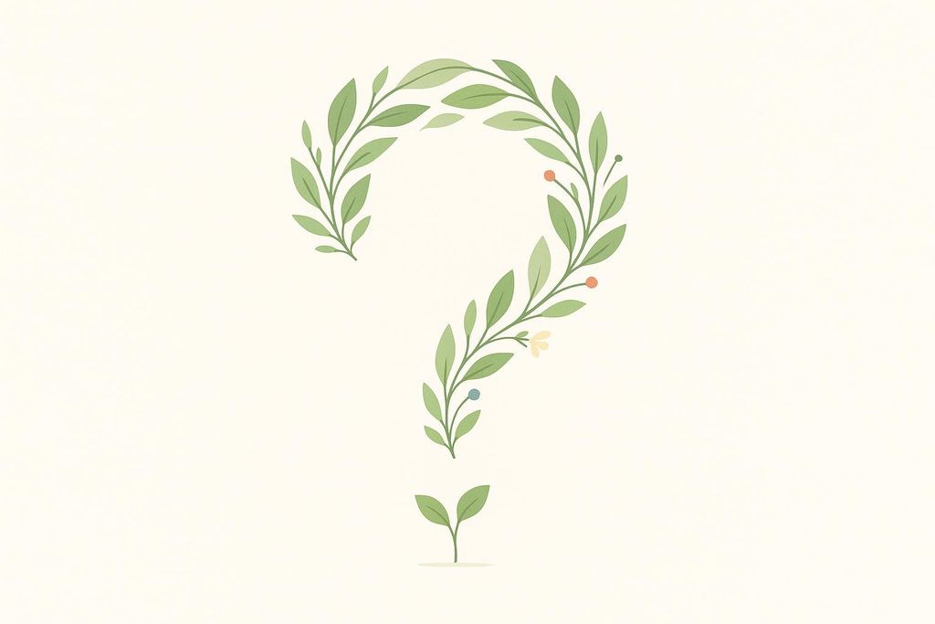 A stylized question mark composed of various green leaves and small colorful berries or flowers, set against a light cream background.