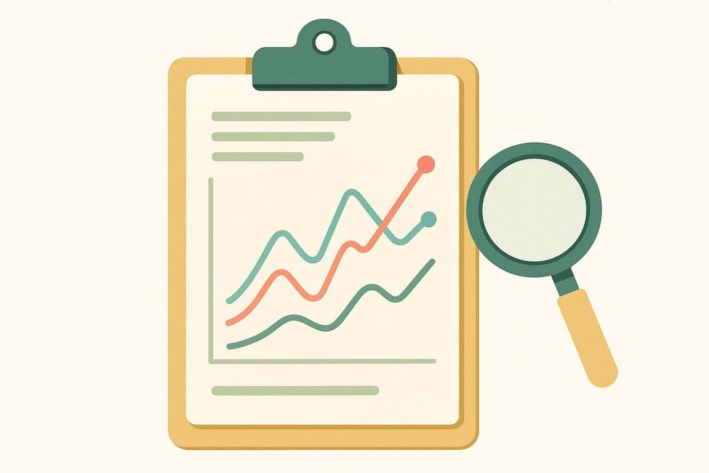 An illustration of a clipboard with a line graph showing upward trends, next to a magnifying glass, symbolizing data analysis or research.
