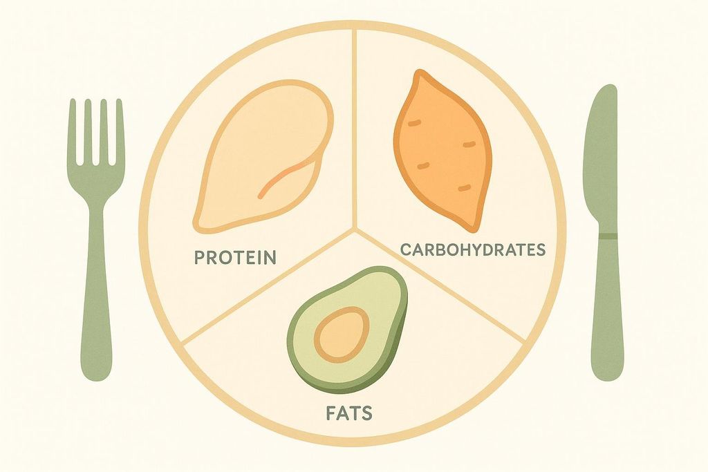 Illustration of a plate divided into three sections, showing protein, carbohydrates, and fats with corresponding foods. A fork and knife are on either side of the plate.