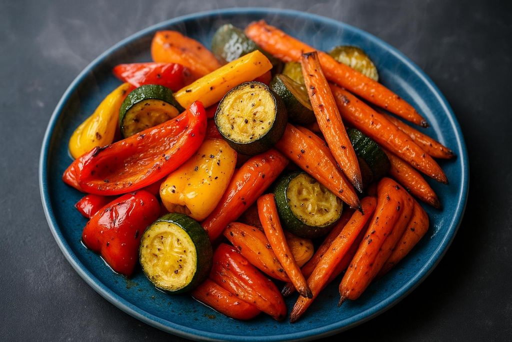 A colorful plate piled high with roasted carrots, zucchini, and bell peppers.