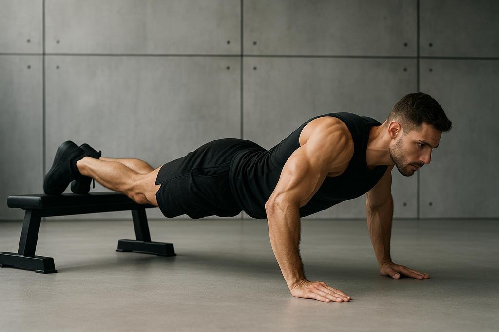 A man in a black tank top and shorts performs a decline push-up, with his feet elevated on a black workout bench. He is in the lowered position of the push-up, looking forward with a serious expression, arms bent at the elbows, and hands flat on the floor. His muscles are well-defined, indicating a strong physique. The background is a plain gray wall with some subtle texture.
